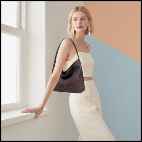 Slouchy Suede Hobo Bag Elegant Woven Tote Shoulder Bag for Work Travel - Picture 2 of 7